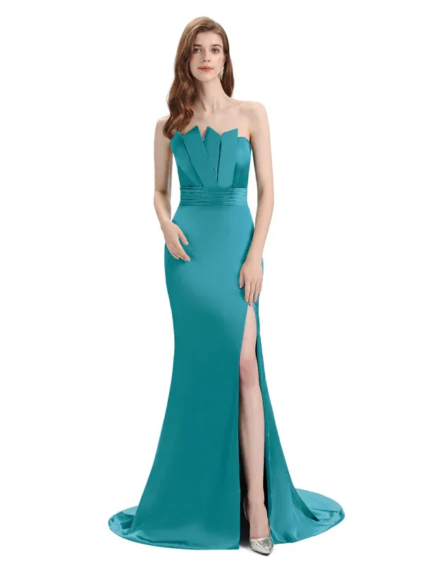 Elegant Soft Satin Strapless Split Side Floor-Length Mermaid Bridesmaid Dresses In Stock sold by ChicSew