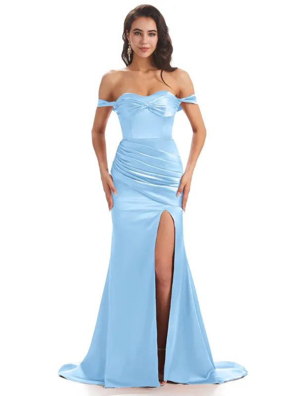 Sexy Side Slit Unique Off Shoulder Mermaid Soft Satin Floor-Length Bridesmaid Dresses In Stock sold by ChicSew