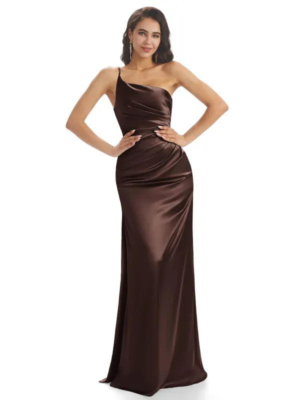 Simple Soft Satin One Shoulder Side Slit Mermaid Long Bridesmaid Dresses In Stock sold by ChicSew