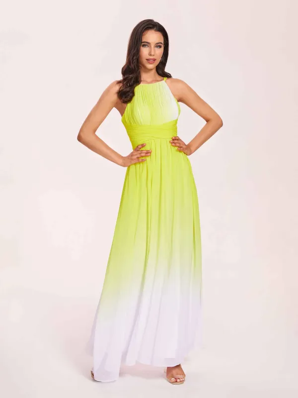 Halter Floral A-line Ombre Chiffon Long Bridesmaid Dresses Online sold by ChicSew