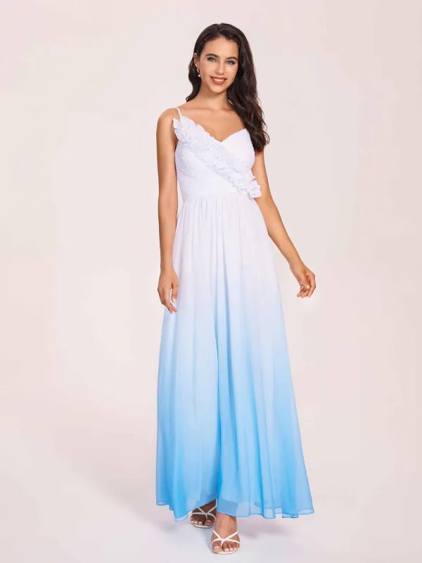Spaghetti Straps Floral A-line Ombre Chiffon Long Bridesmaid Dresses Online made by ChicSew