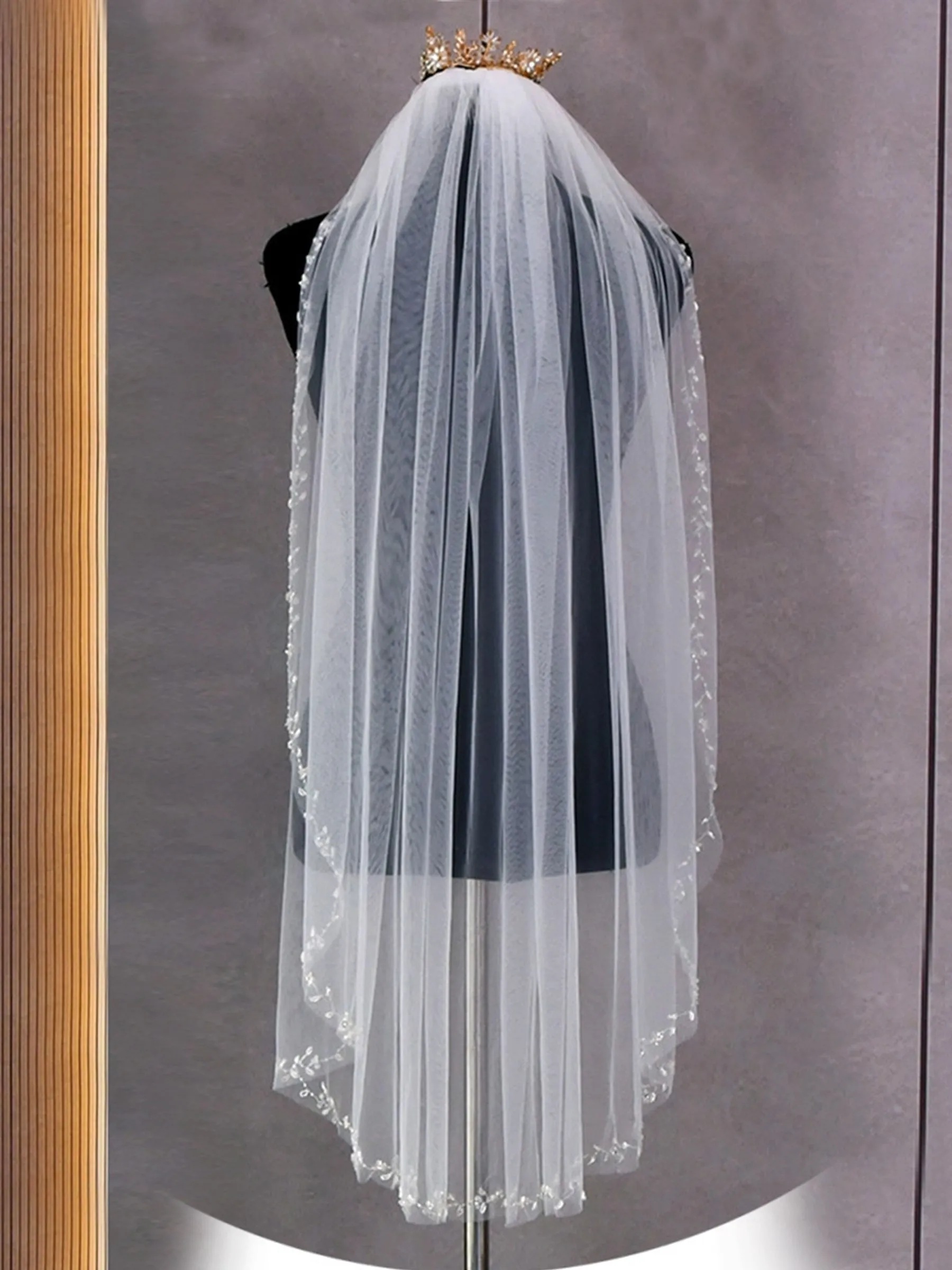 Elegant Simple Handmade Floral Pearls Long Bridal Veil, V127 sold by ChicSew product image thumbnail 3