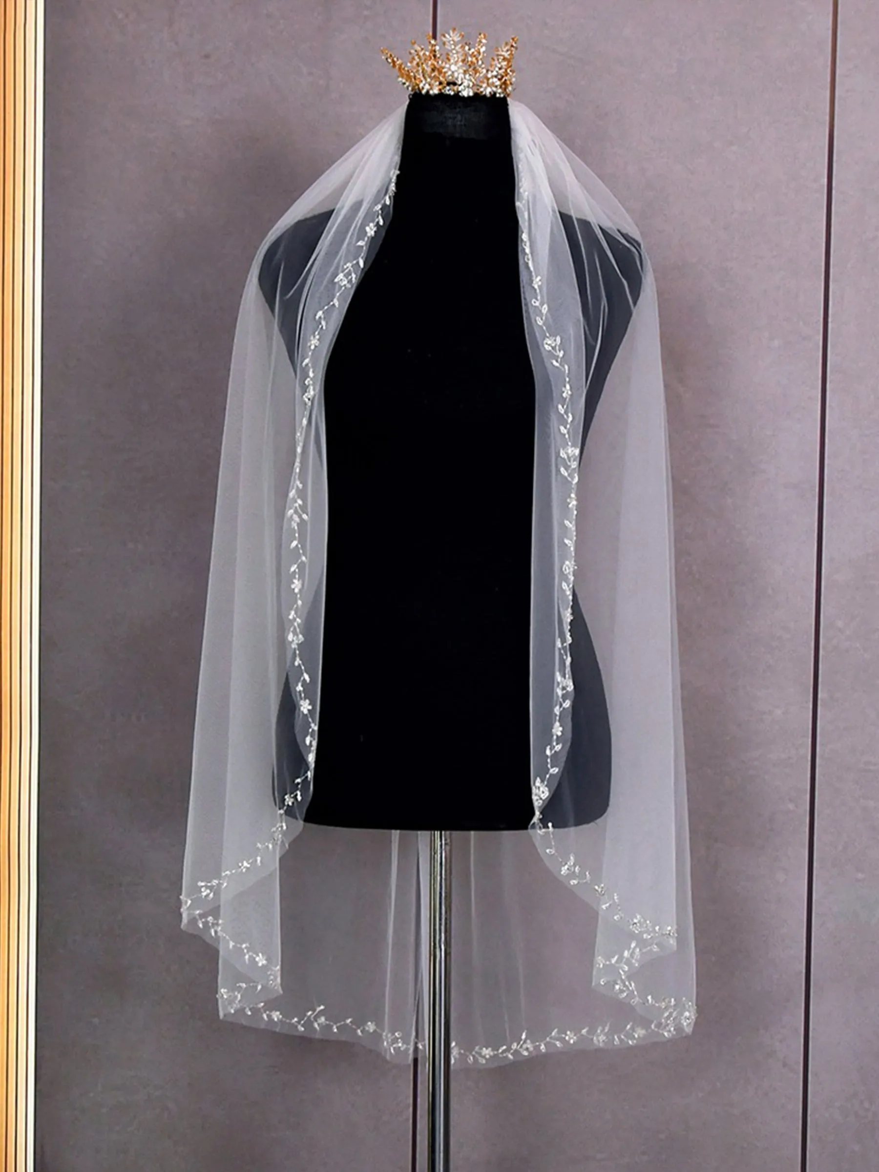 Elegant Simple Handmade Floral Pearls Long Bridal Veil, V127 sold by ChicSew product image thumbnail 2