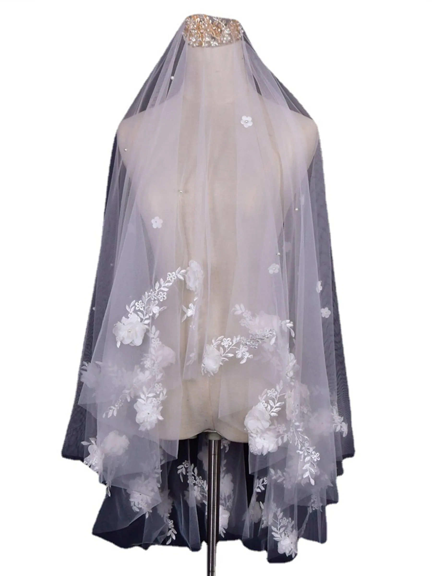 Elegant Handmade 3D Floral Pearls Bridal Veil, V122 sold by ChicSew product image thumbnail 2
