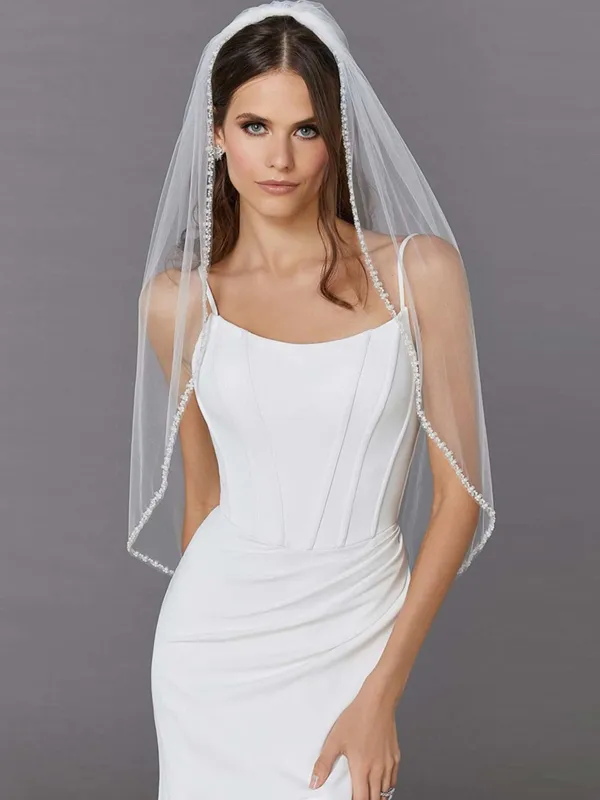 Elegant Minimalist Hand Sewn Pearl Edging Bridal Veil, V134 sold by ChicSew