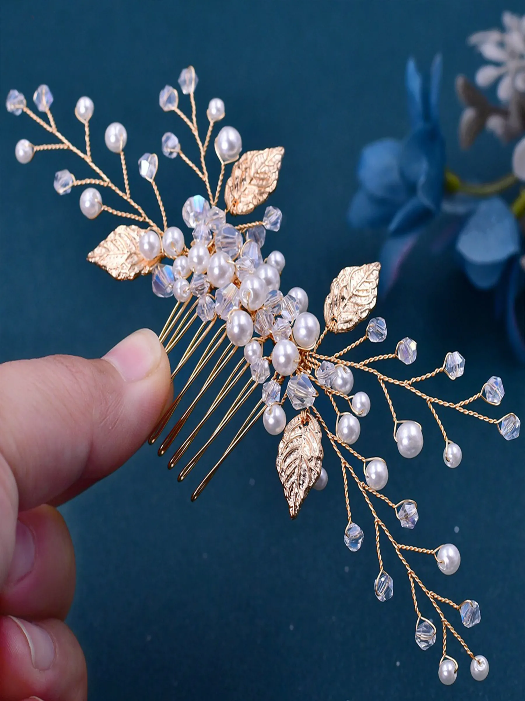 Sparkly Ladies Pearl Crystal Hair Comb Gold Alloy Leaf Hair Accessories for Women, HP180 sold by ChicSew product image thumbnail 3