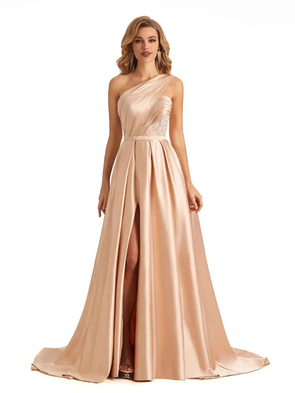 Sexy Side Slit One Shoulder A-line Soft Satin Long Bridesmaid Dresses Online sold by ChicSew