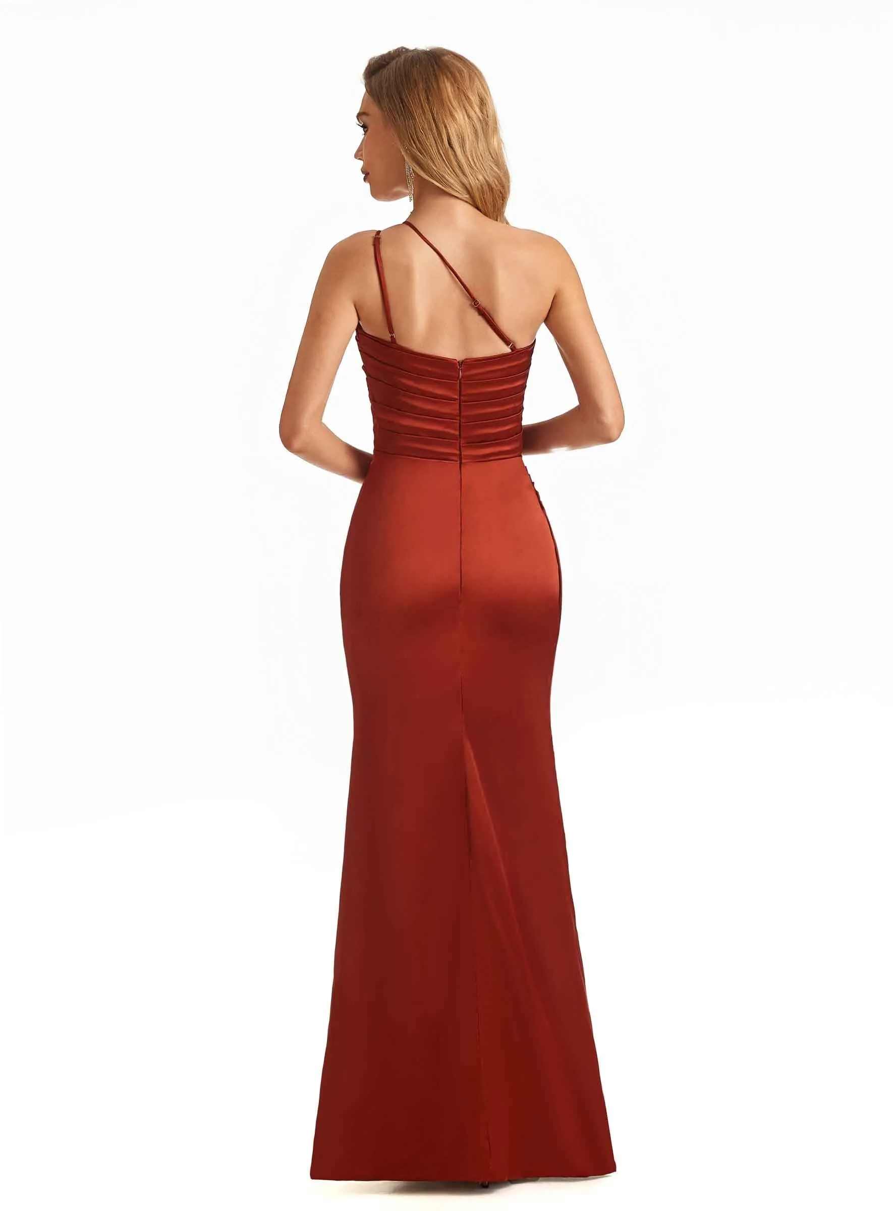 Soft Satin One Shoulder Side Slit Mermaid Maxi Long Bridesmaid Dresses Online sold by ChicSew product image thumbnail 3