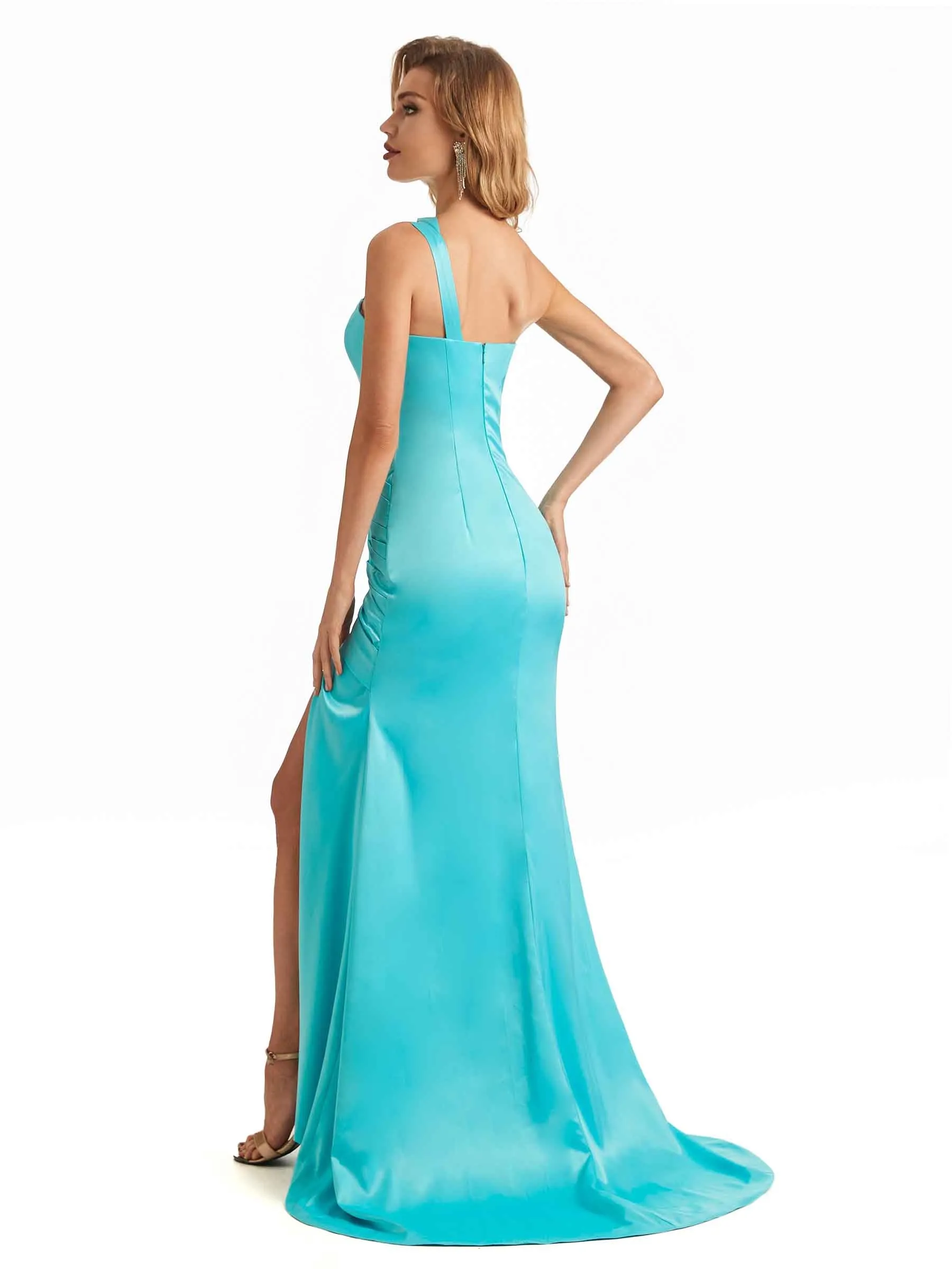 Sexy Side Slit Soft Satin Unique One Shoulder Long Mermaid Bridesmaid Dresses sold by ChicSew product image thumbnail 5