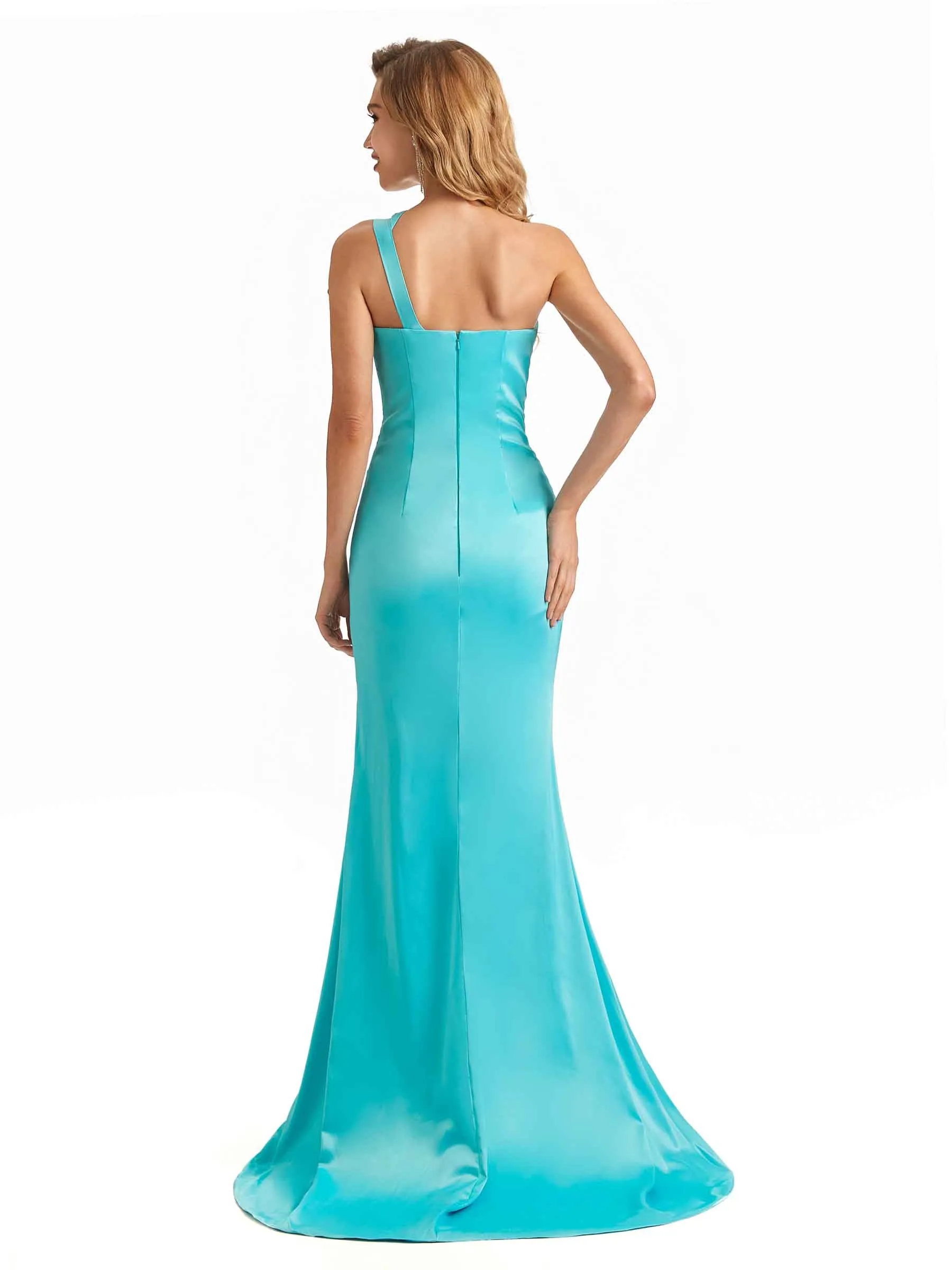 Sexy Side Slit Soft Satin Unique One Shoulder Long Mermaid Bridesmaid Dresses sold by ChicSew product image thumbnail 3