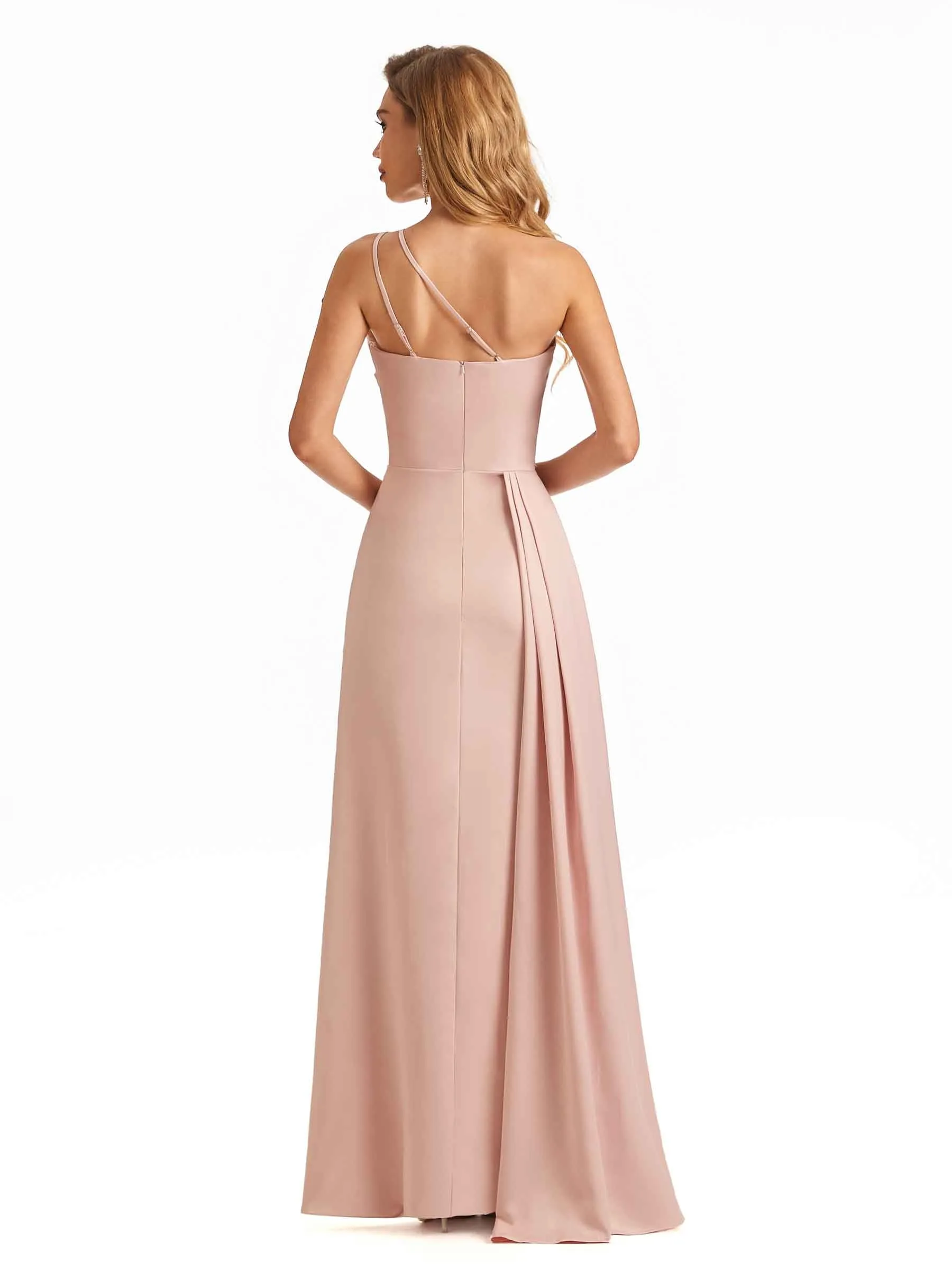 Simple One Shoulder Spaghetti Strap Soft Satin Long Beautiful Wedding Guest Dresses sold by ChicSew product image thumbnail 3