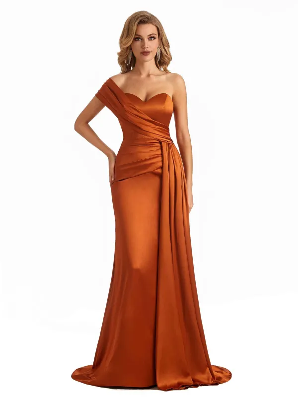 Elegant One Shoulder Soft Satin Long Mermaid Bridesmaid Dresses Online sold by ChicSew