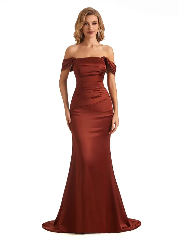 Simple Off The Shoulder Soft Satin Long Mermaid Bridesmaid Dresses Online sold by ChicSew