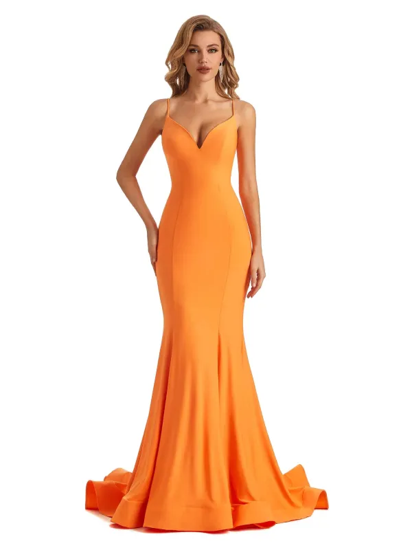 Sexy Mermaid Spaghetti Straps V-neck Stretchy Jersey Long Formal Bridesmaid Dresses sold by ChicSew