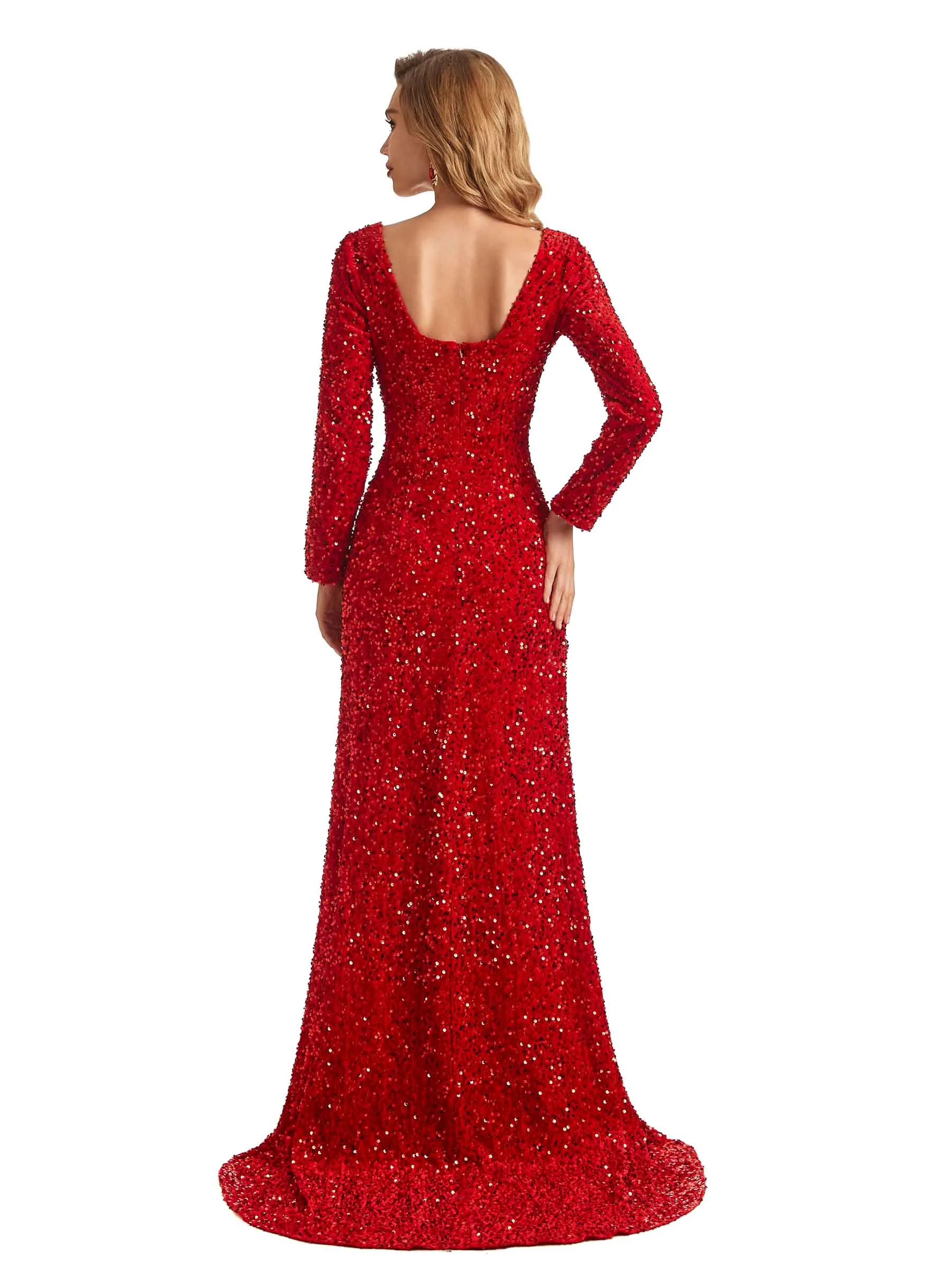 Sparkly Square Mermaid Long Sleeves Side Slit Floor-length Long Formal Prom Dresses sold by ChicSew product image thumbnail 4