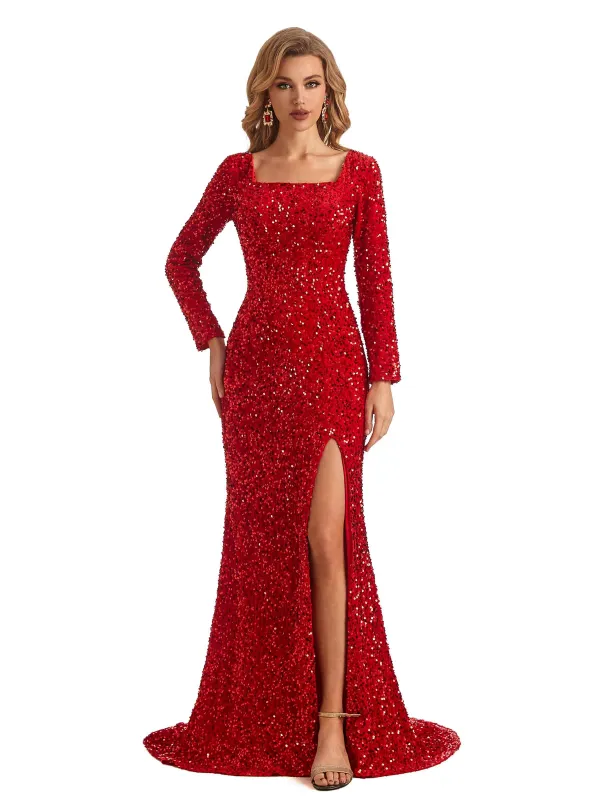 Sparkly Square Mermaid Long Sleeves Side Slit Floor-length Long Formal Prom Dresses sold by ChicSew