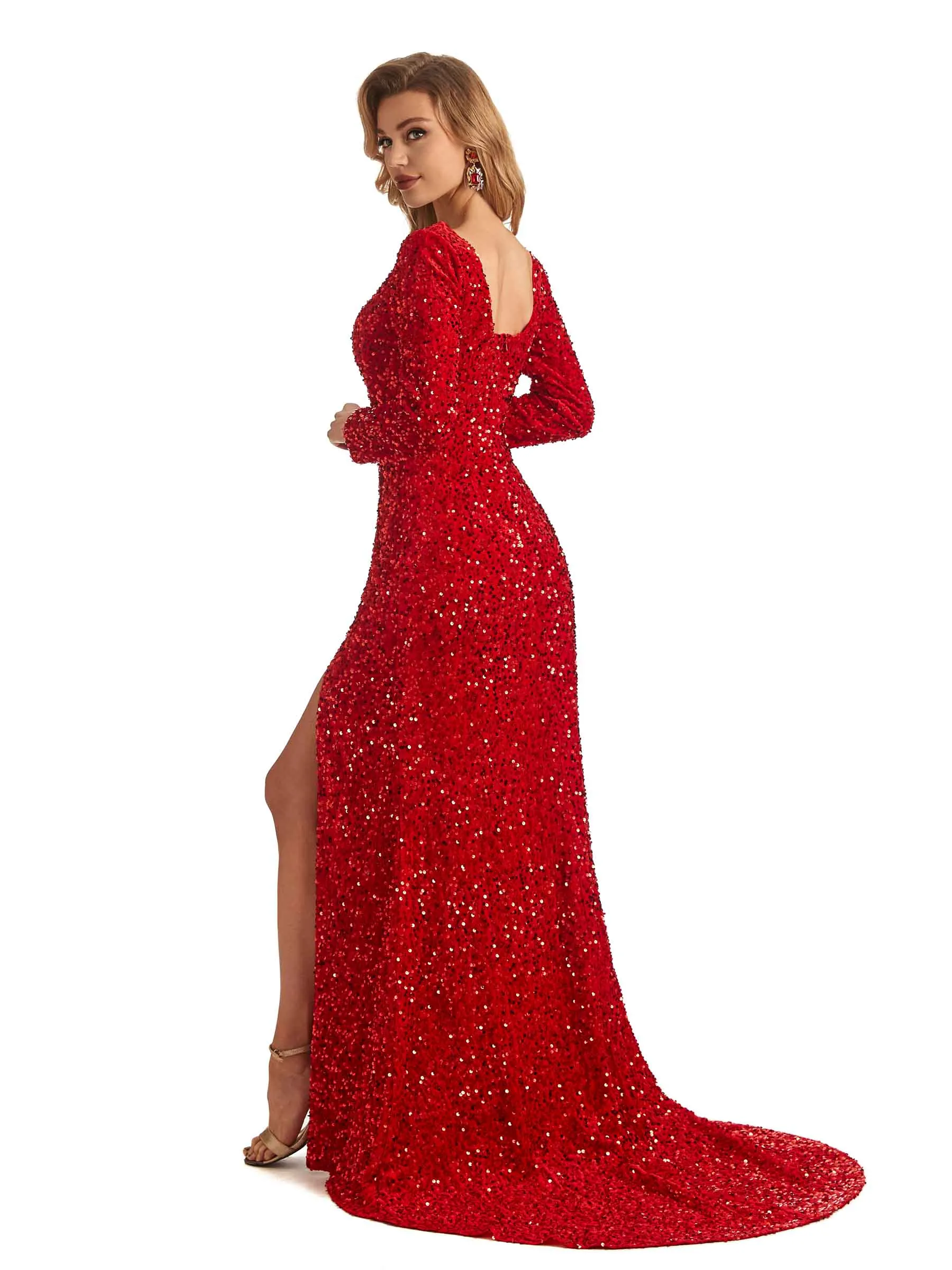 Sparkly Square Mermaid Long Sleeves Side Slit Floor-length Long Formal Prom Dresses sold by ChicSew product image thumbnail 5