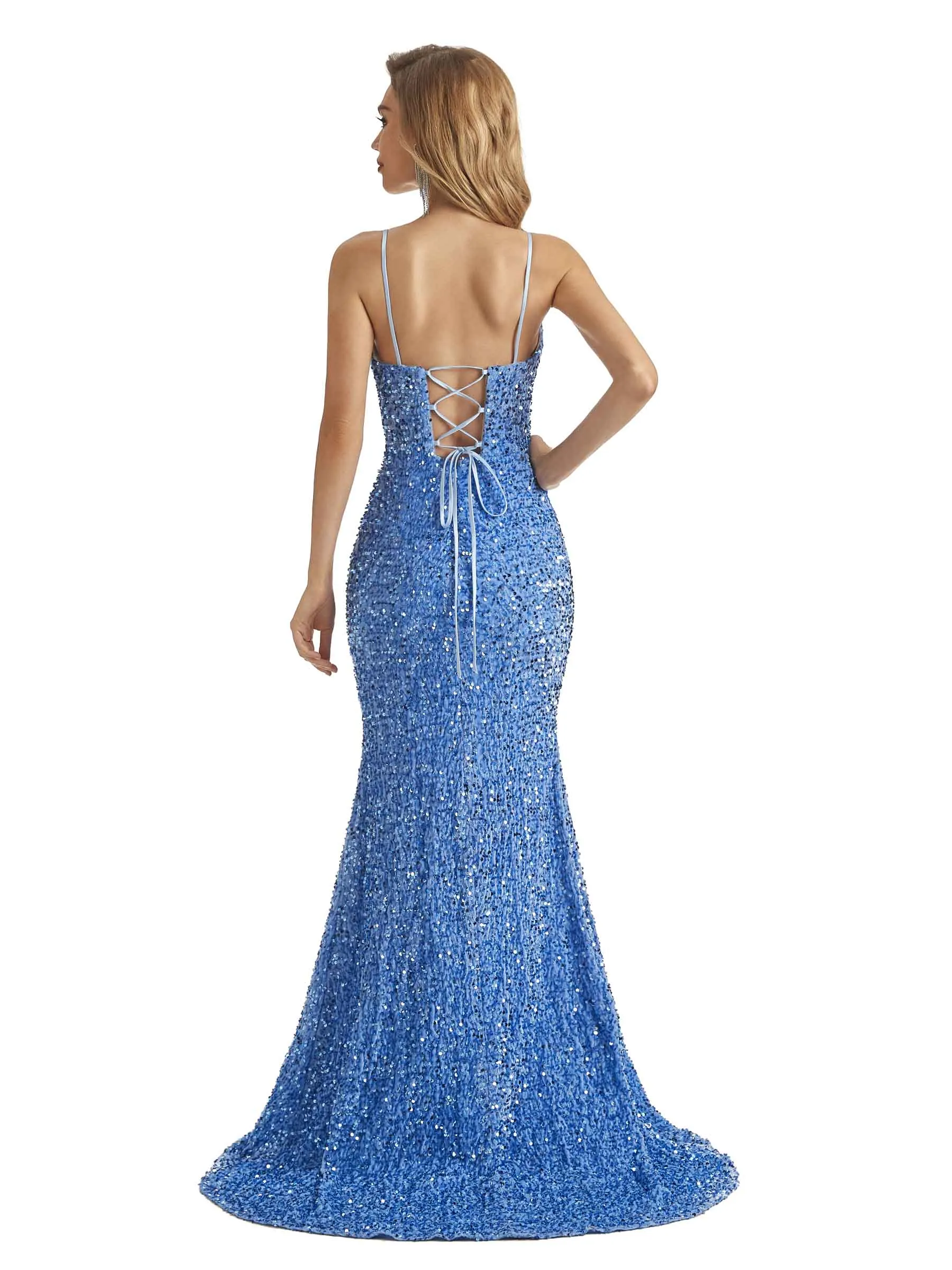 Sparkly Sequin Mermaid Spaghetti Straps Sexy Side Slit Long Formal Prom Dresses sold by ChicSew product image thumbnail 3
