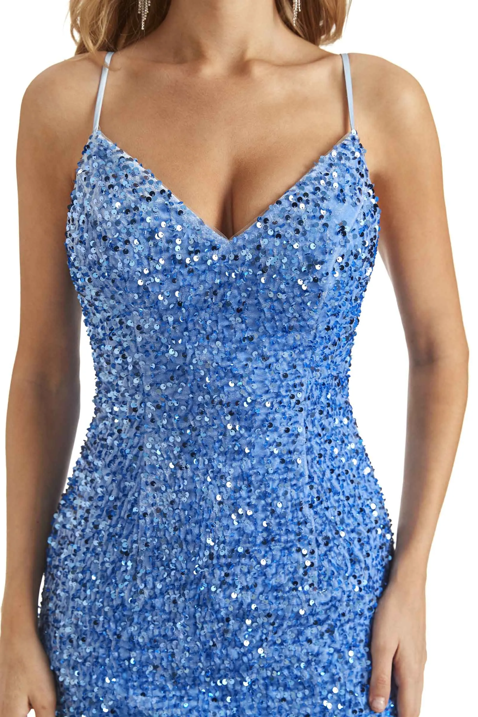 Sparkly Sequin Mermaid Spaghetti Straps Sexy Side Slit Long Formal Prom Dresses sold by ChicSew product image thumbnail 2