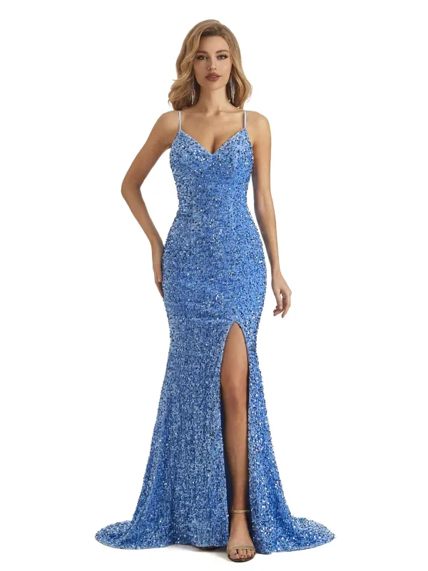 Sparkly Sequin Mermaid Spaghetti Straps Sexy Side Slit Long Formal Prom Dresses sold by ChicSew