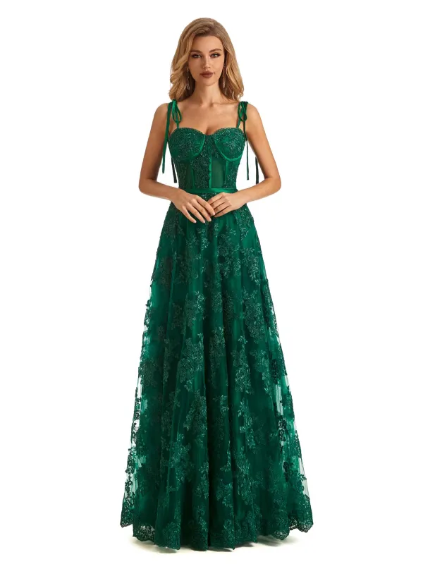 Green Lace A-line Spaghetti Strap Long Formal Prom Dresses sold by ChicSew