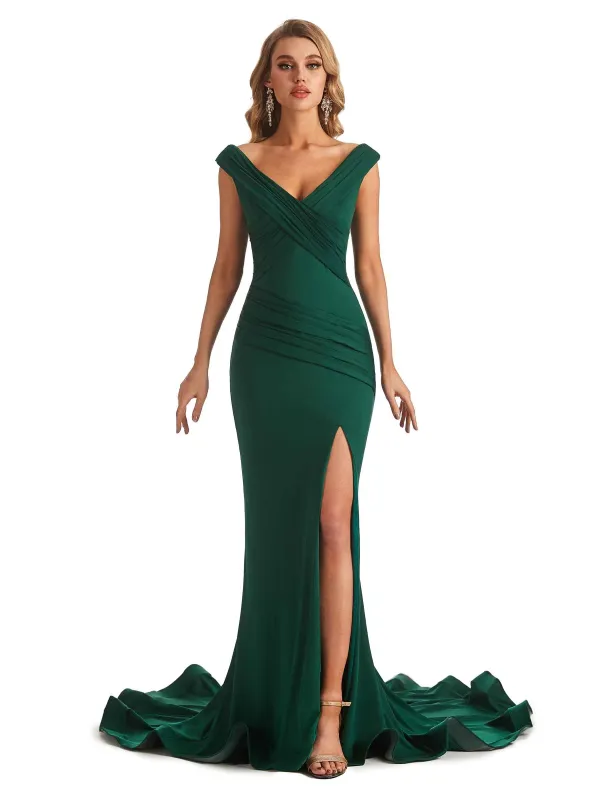 Sexy Mermaid V-neck Off The Shoulder Stretchy Jersey Long Formal Bridesmaid Dresses sold by ChicSew