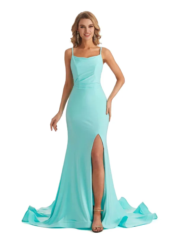 Sexy Backless Mermaid Spaghetti straps Side Slit Jersey Long Wedding Guest Dress sold by ChicSew