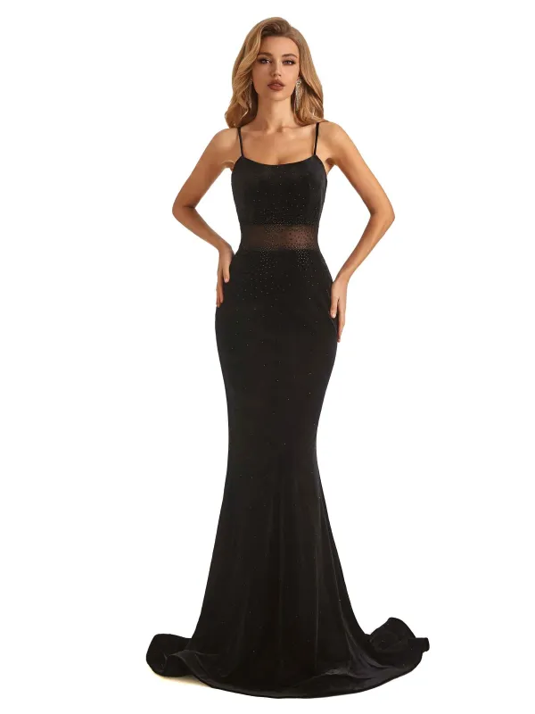 Sexy Velvet Mermaid Spaghetti Strap See Through Black Long Party Prom Dresses sold by ChicSew