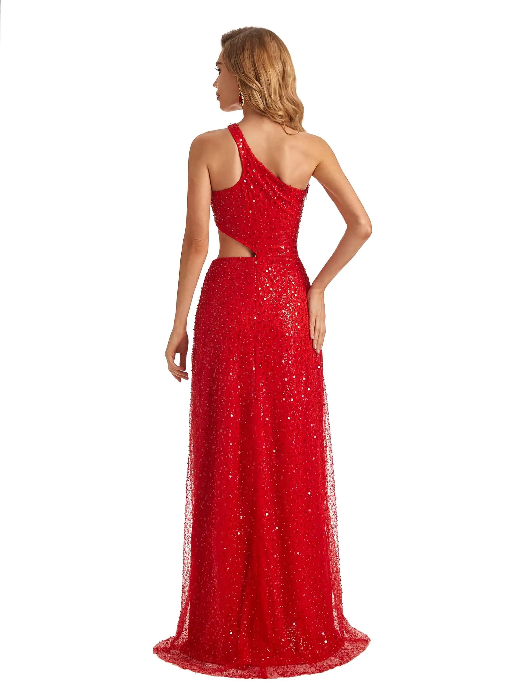 Red Sparkly Sequin One Shoulder Side Slit Long Formal Prom Dresses Online sold by ChicSew product image thumbnail 3