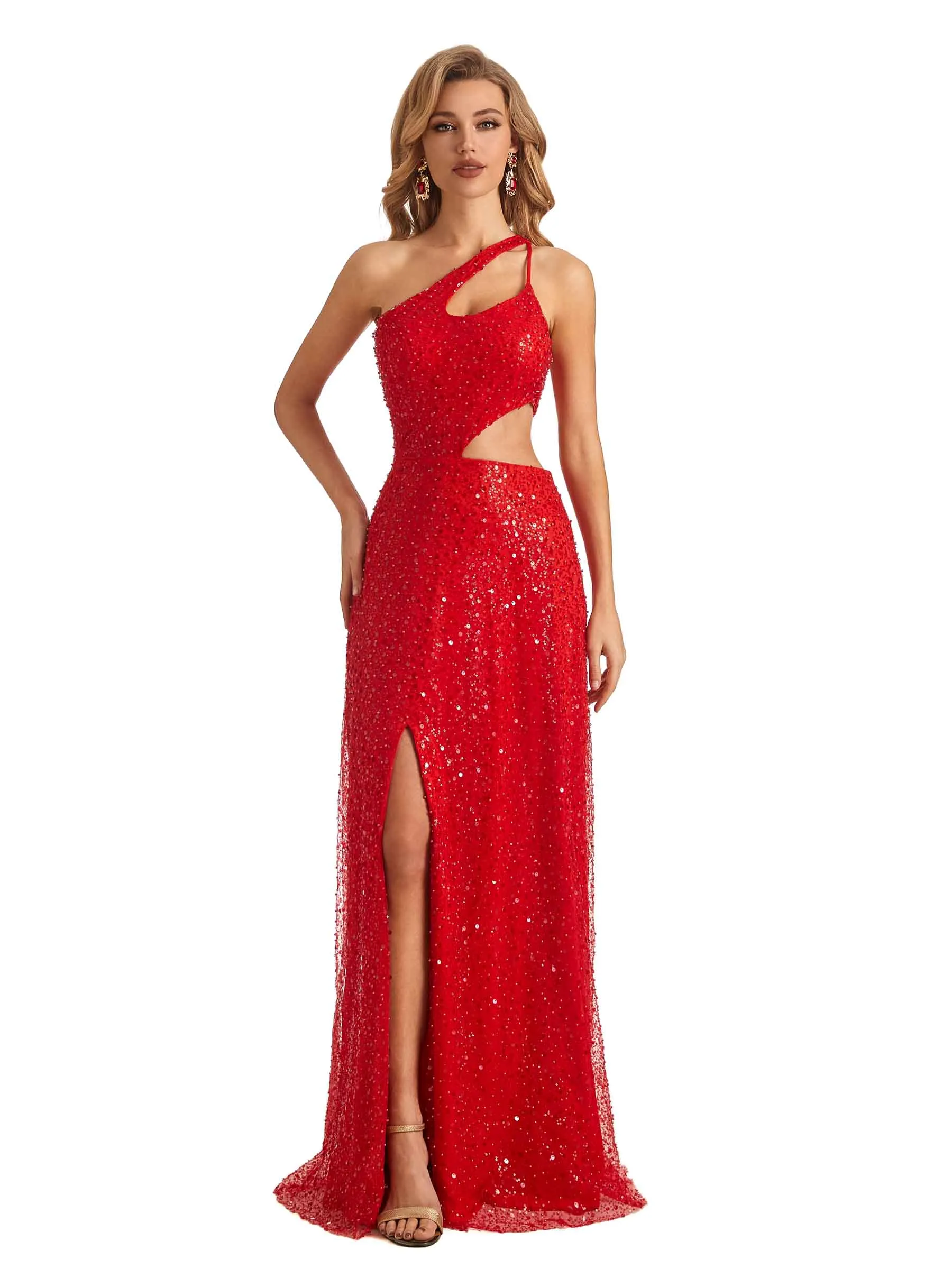 Red Sparkly Sequin One Shoulder Side Slit Long Formal Prom Dresses Online sold by ChicSew