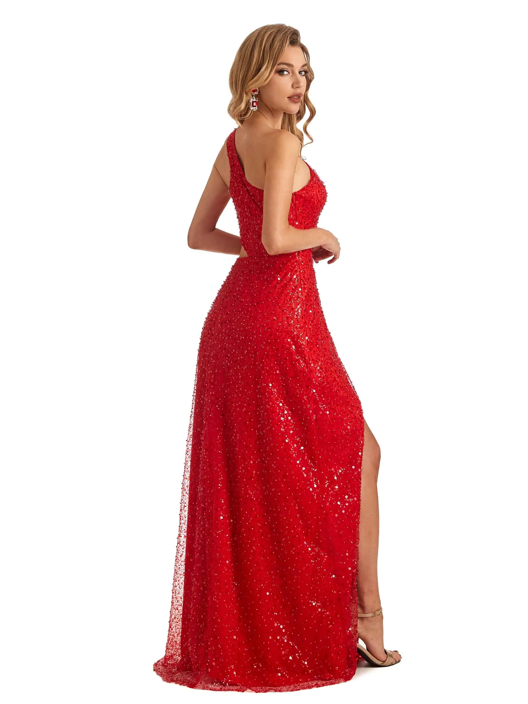 Red Sparkly Sequin One Shoulder Side Slit Long Formal Prom Dresses Online sold by ChicSew product image thumbnail 4