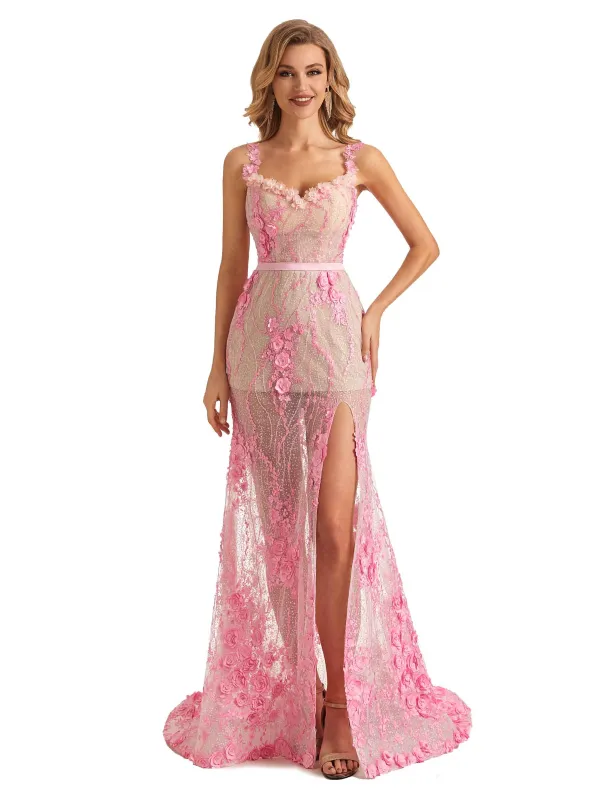 Sexy Side Slit Pink Handmade Flower See Through Long Formal Prom Dresses made by ChicSew
