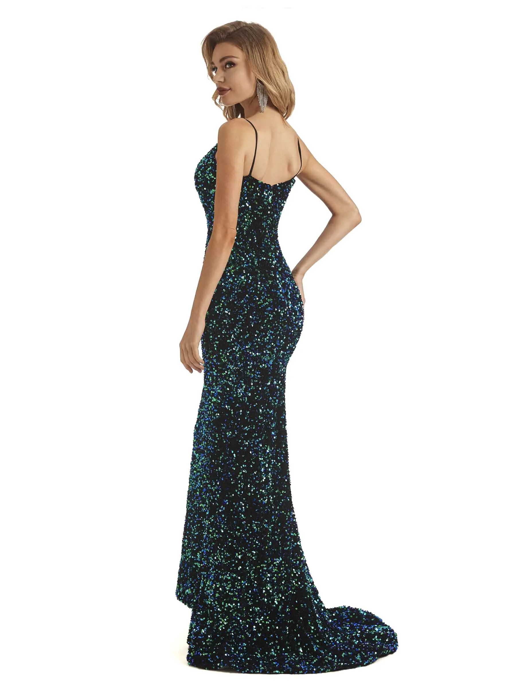 Dark Green Sequin Mermaid Spaghetti Straps V-neck Floor-length Long Party Prom Dresses sold by ChicSew product image thumbnail 4