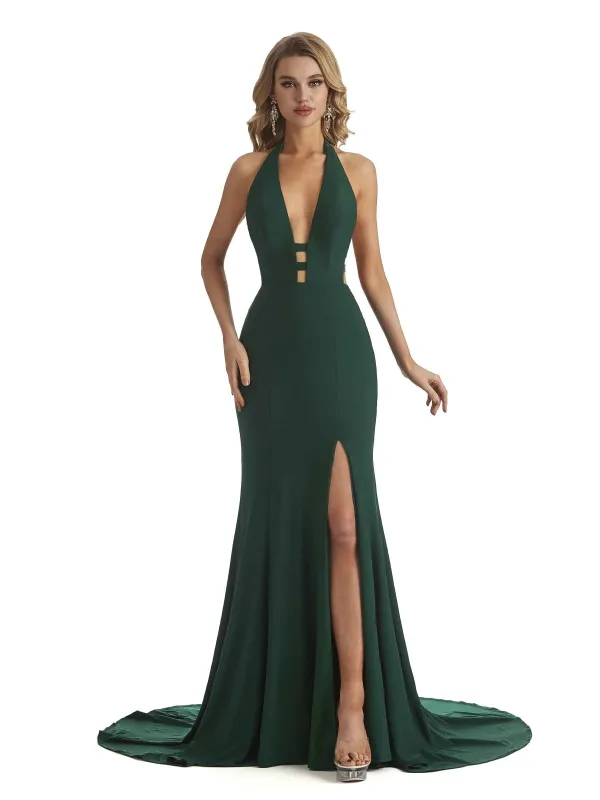 Sexy Mermaid Halter V-Neck Side Slit Stretchy Jersey Long Formal Bridesmaid Dresses sold by ChicSew