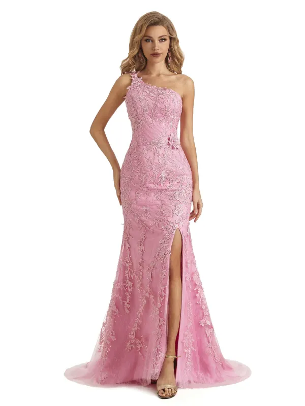 Sexy Side Slit Pink Lace Mermaid One Shoulder Long Graduation Prom Dresses sold by ChicSew