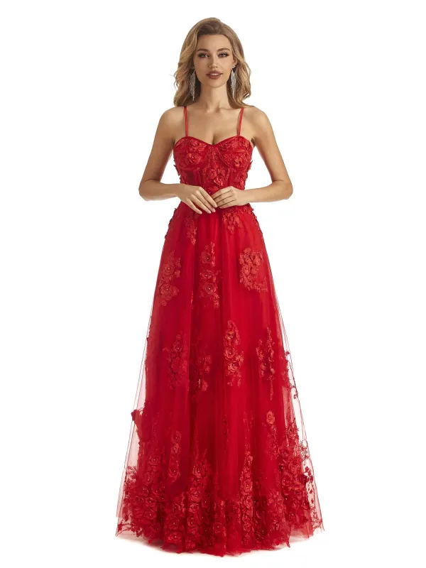 Red Lace A-line Applique Spaghetti Straps Floor-length Long Graduation Prom Dresses sold by ChicSew