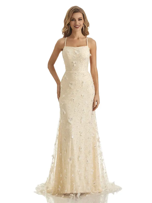 Champagne Sexy Lace Mermaid Spaghetti Straps Butterfly Long Formal Prom Dresses Online sold by ChicSew