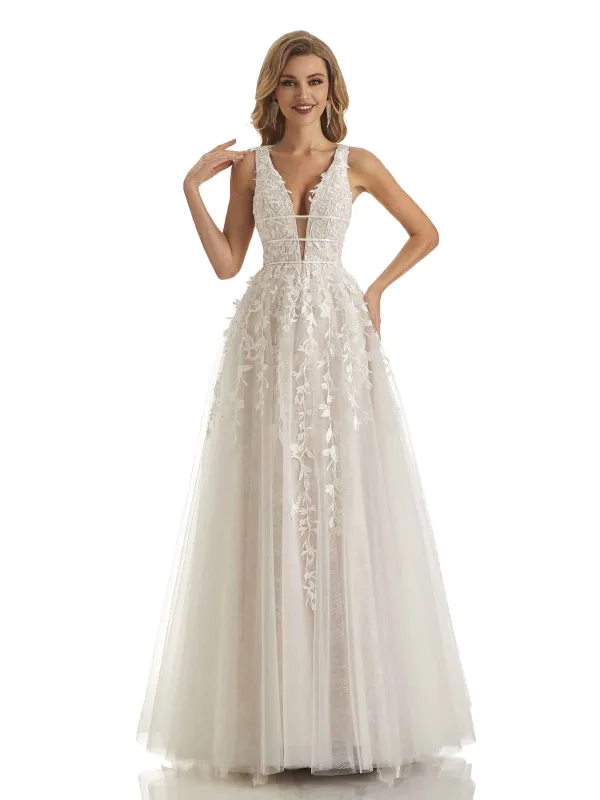 Ivory Lace A-line Applique V-neck Floor-length Long Formal Prom Dresses sold by ChicSew