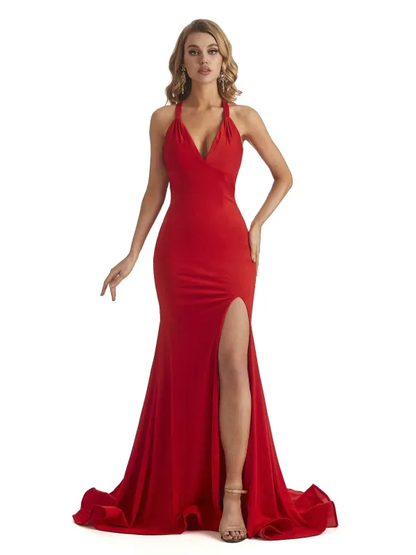 Sexy Mermaid Spaghetti Straps V-Neck Side Slit Jersey Long Formal Bridesmaid Dresses sold by ChicSew