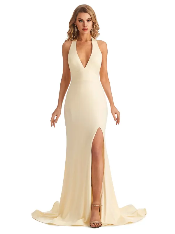 Sexy Backless Mermaid Halter Side Slit Stretchy Jersey Long Formal Bridesmaid Dresses sold by ChicSew