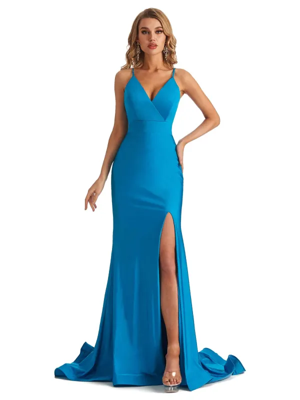 Sexy Mermaid Spaghetti Straps Side Slit Stretchy Jersey Long Formal Bridesmaid Dresses sold by ChicSew