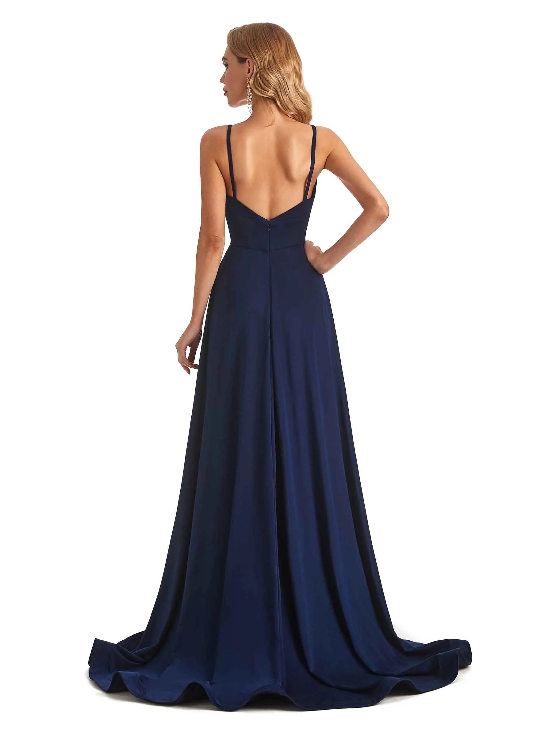 Elegant Spaghetti Straps A-line Side Slit Stretchy Jersey Long Formal Bridesmaid Dresses sold by ChicSew product image thumbnail 3