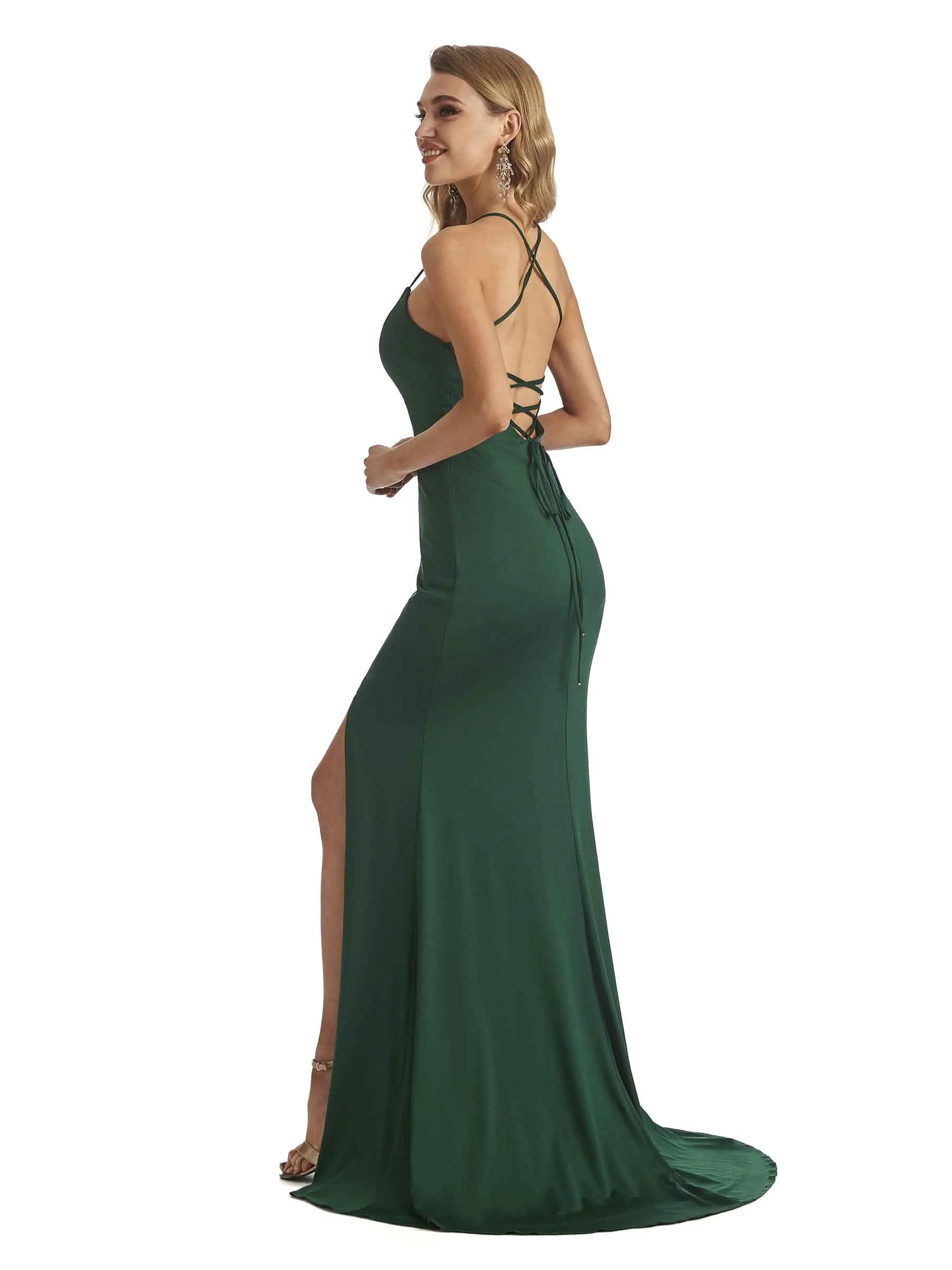 Sexy Side Slit Mermaid Halter Stretchy Jersey Long Unique Bridesmaid Dresses sold by ChicSew product image thumbnail 5