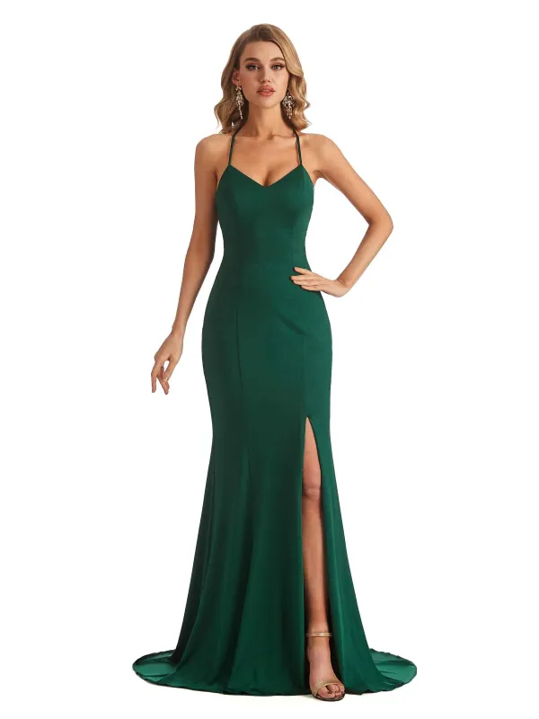 Sexy Side Slit Mermaid Halter Stretchy Jersey Long Unique Bridesmaid Dresses sold by ChicSew