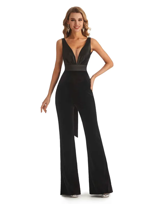 Unique V-neck Open Back Velvet Long Jumpsuit Bridesmaid Dresses sold by ChicSew
