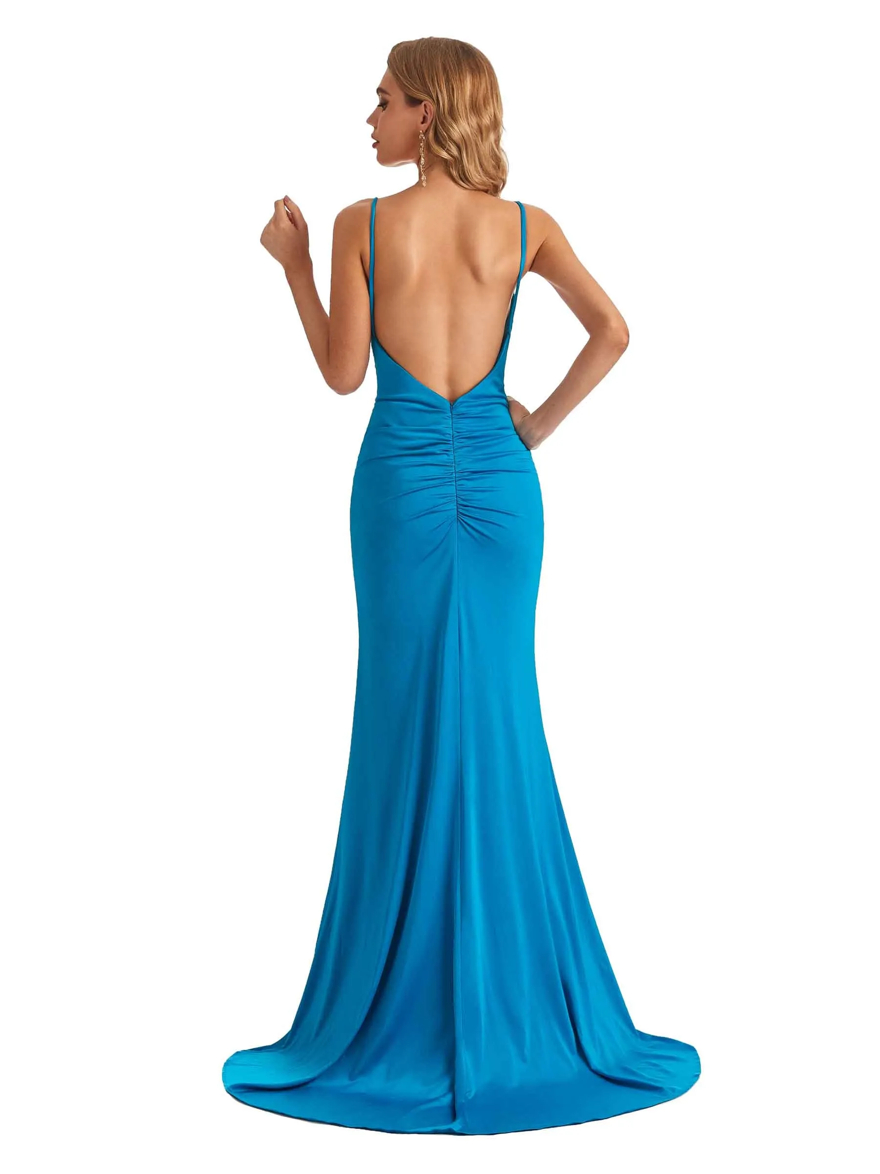 Sexy Mermaid Spaghetti Straps V-Neck Backless Side Slit Stretchy Jersey Long Formal Bridesmaid Dresses sold by ChicSew product image thumbnail 3