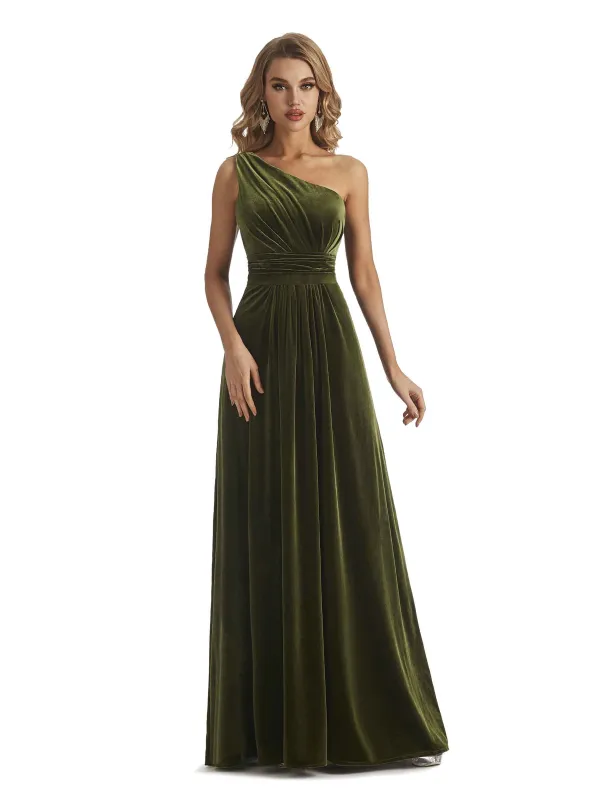 Elegant One Soulder Unique A-line Velvet Long Bridesmaid Dresses sold by ChicSew