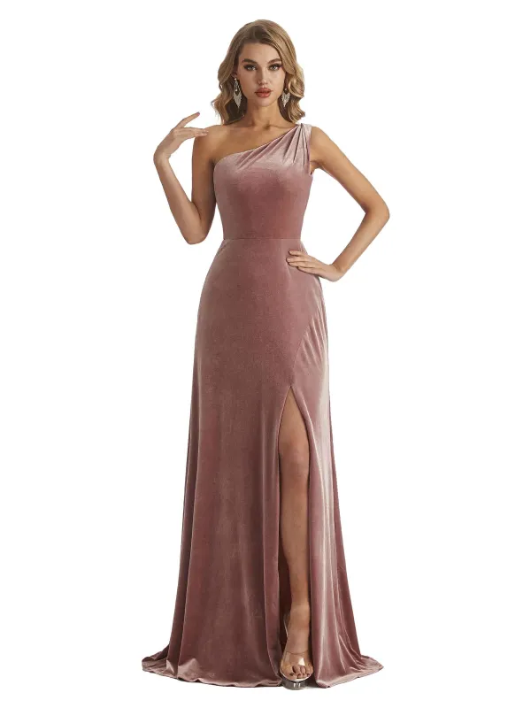 Elegant A-line One Shoulder Side Slit Velvet Long Bridesmaid Dresses sold by ChicSew