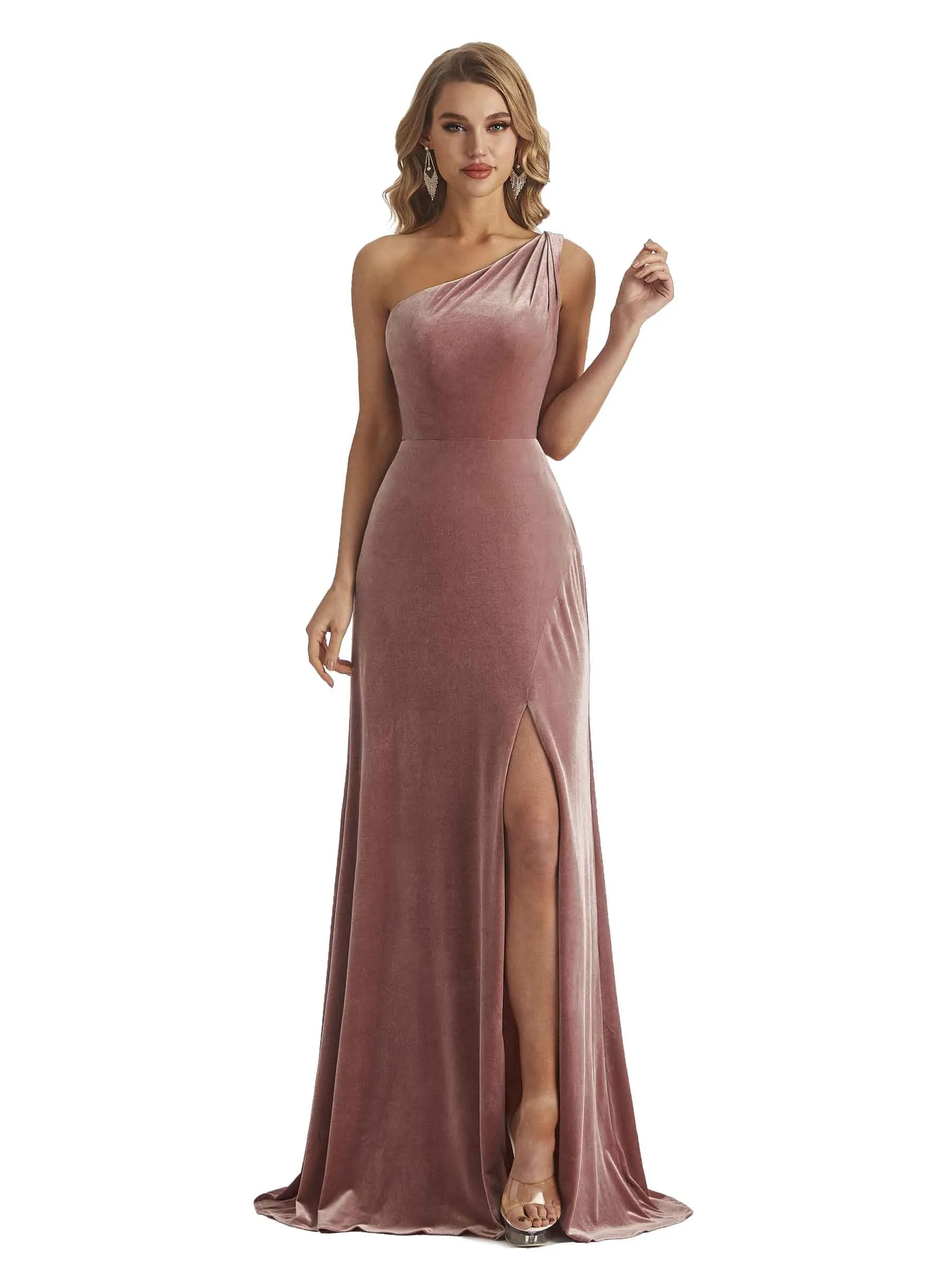 Elegant A-line One Shoulder Side Slit Velvet Long Bridesmaid Dresses sold by ChicSew product image thumbnail 5