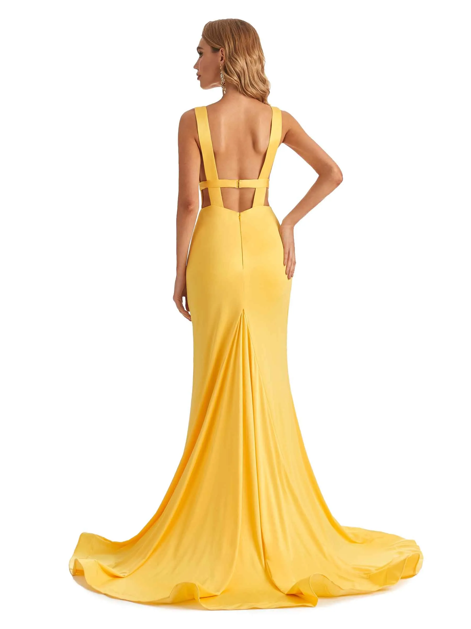 Sexy Mermaid Deep V-neck Side Slit Stretchy Jersey Long Formal Bridesmaid Dresses in stock sold by ChicSew product image thumbnail 3